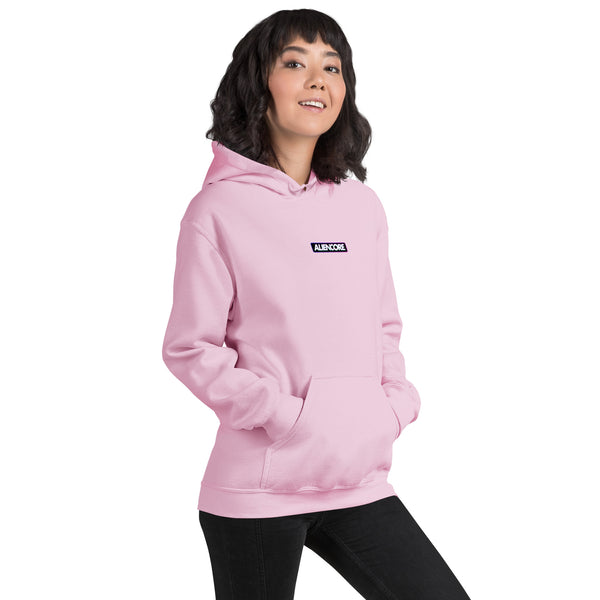 Person wearing a pink hoodie with a brand logo on a white background