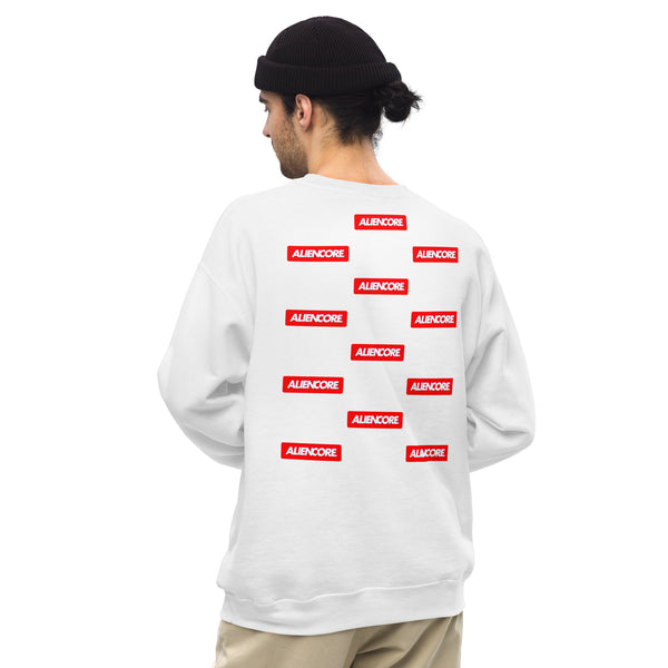 Person wearing a white sweatshirt with red 'ALIENCORE' logos on the back, on a white background