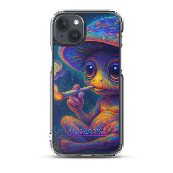 Phone case with a colorful alien design holding a smoking pipe, brand Aliencore visible.