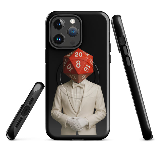 Phone case with a person in a tuxedo and a red die on a black background