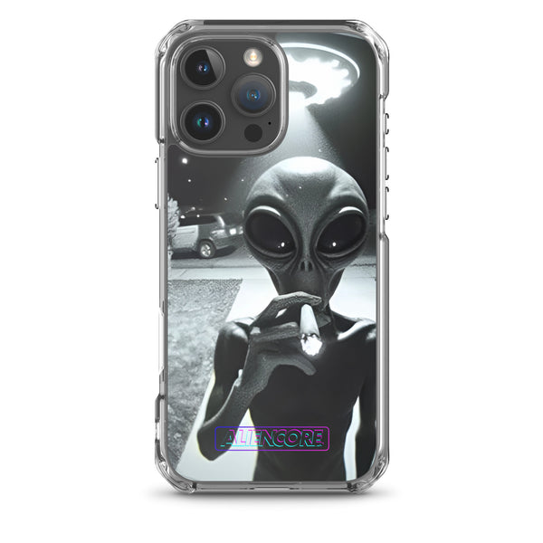 Phone case with alien design and 'ALIENCORE' branding on a white background