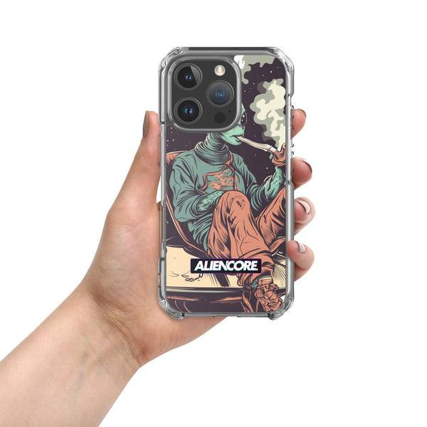 Phone case with alien design held by a hand, featuring the brand Aliencore
