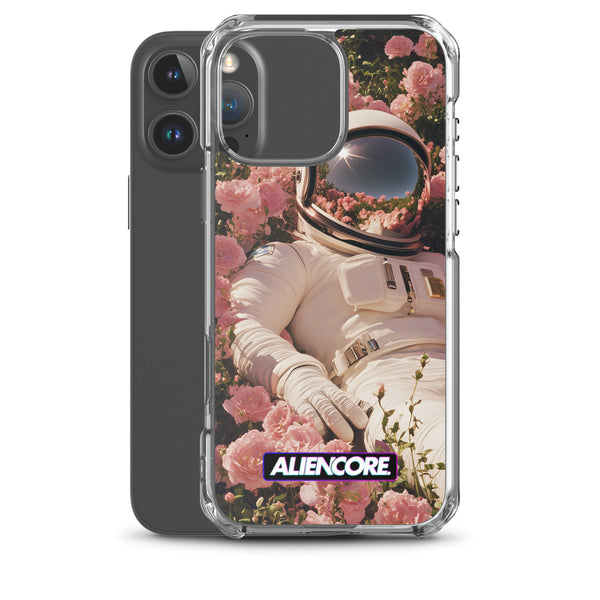 Phone case with astronaut and floral design, featuring the brand 'ALIENCORE'.