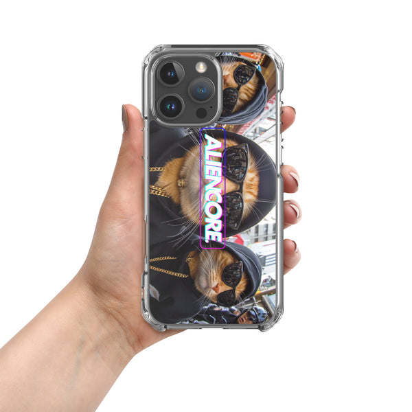 Phone case with cat design held by a hand on a white background