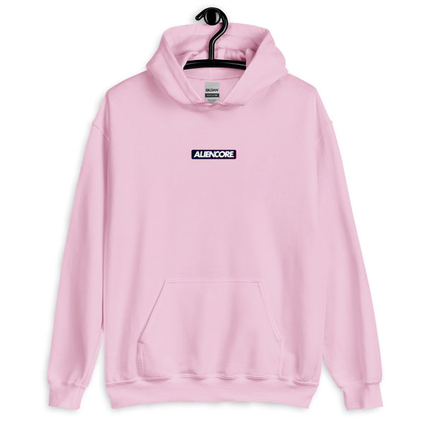 Pink hoodie with 'ALENCORE' logo on a hanger against a white background