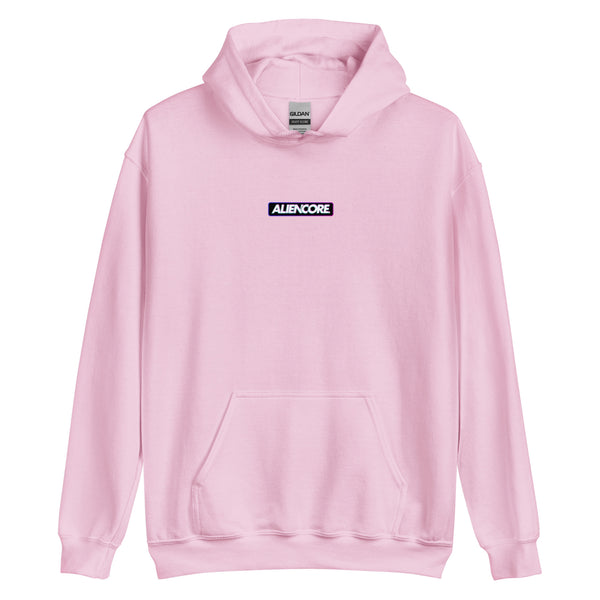 Pink hoodie with Aliencore logo on a white background