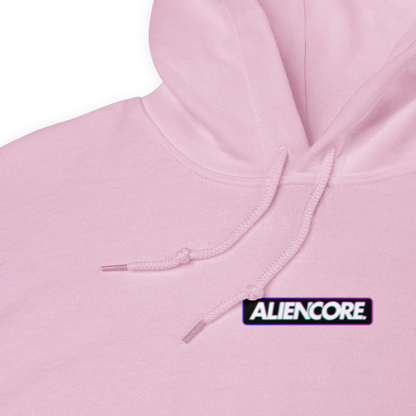 Pink hoodie with 'Aliencore' logo on a white background