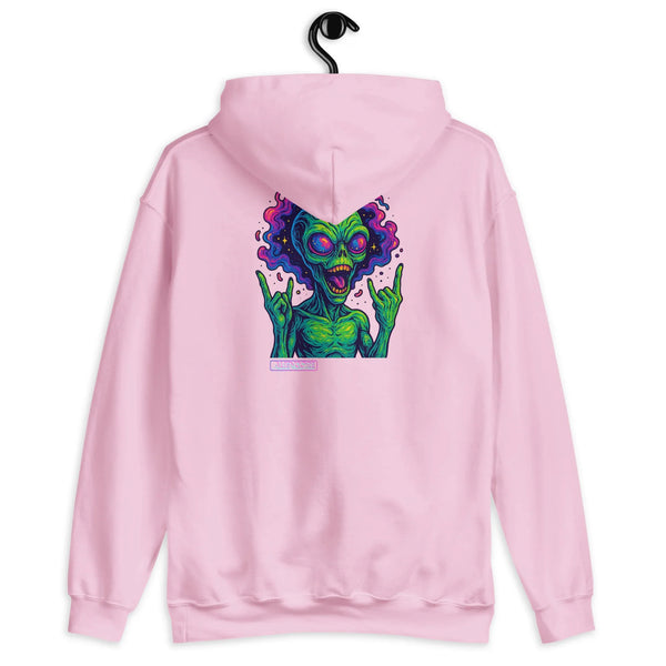 Pink hoodie with a colorful alien design on the back, hanging against a white background.