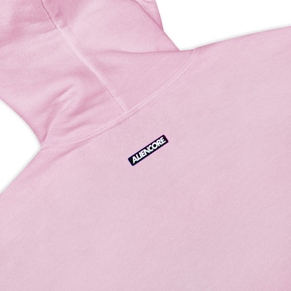 Pink hoodie with a small logo on the chest against a white background