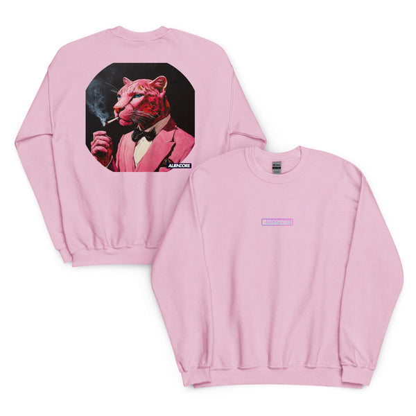 Pink sweatshirt with a graphic of a panther smoking a cigarette on a white background