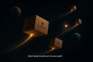 Three cardboard boxes labeled 'Aliencore' floating in space with a dark background.