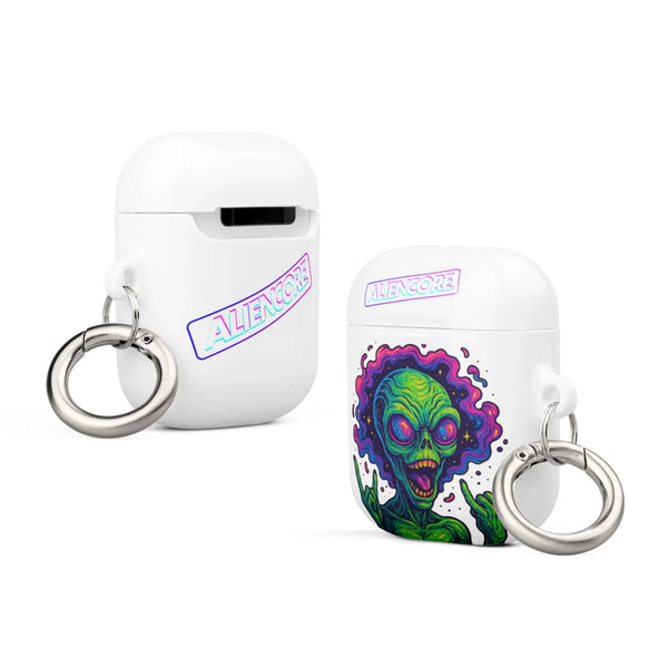Two white air pods cases with colourful designs and keychains on a white background