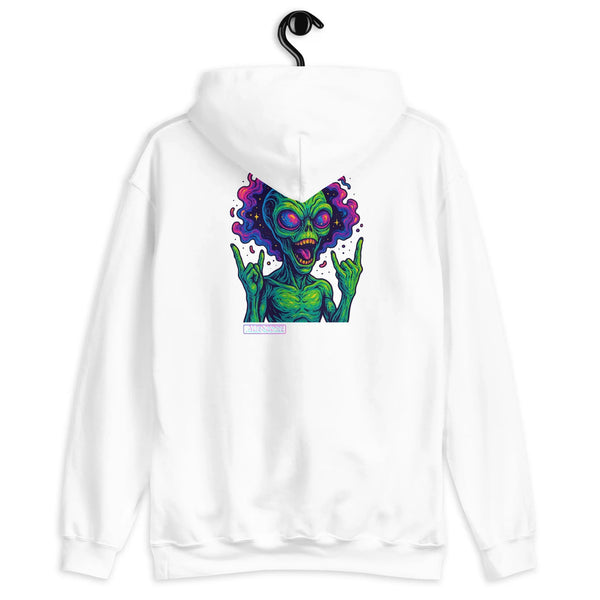 White hoodie with a colorful alien design on a white background