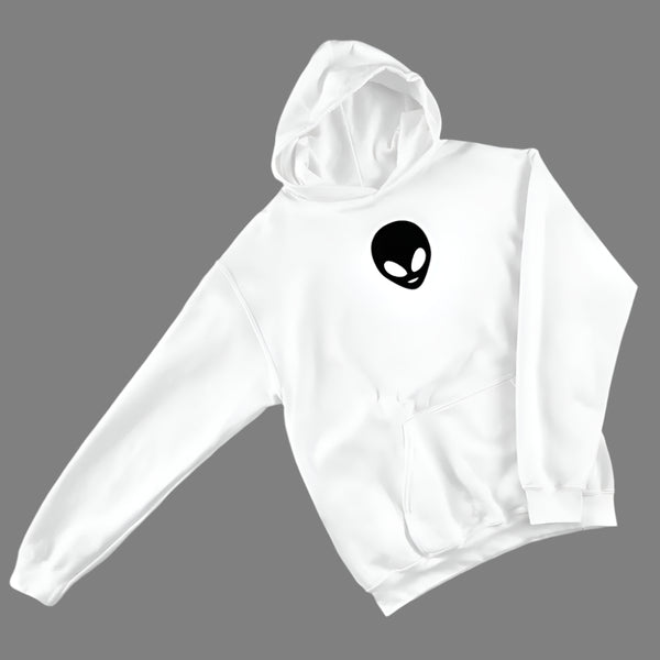 White hoodie with an alien logo on a gray background