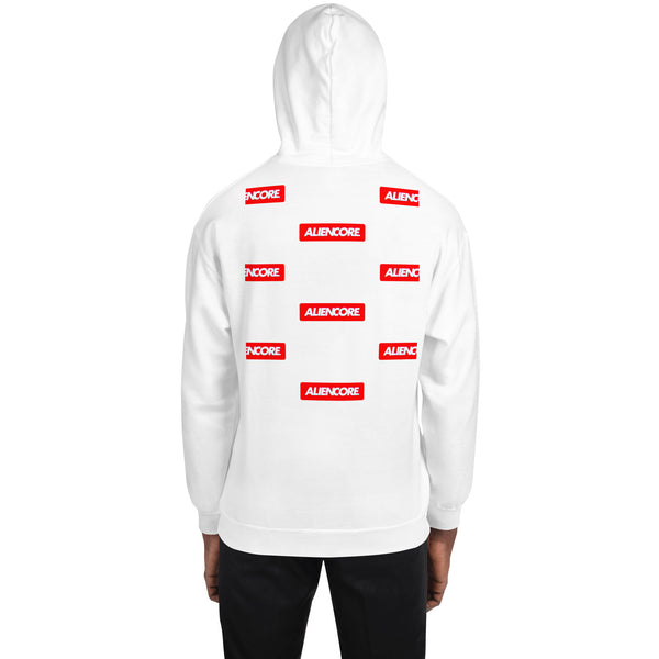 White hoodie with red 'ALIENCORE' logos on a white background