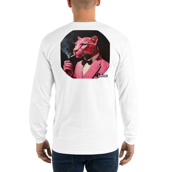 White long-sleeve shirt with a graphic of a stylized panther in a suit on the back, worn by a person.