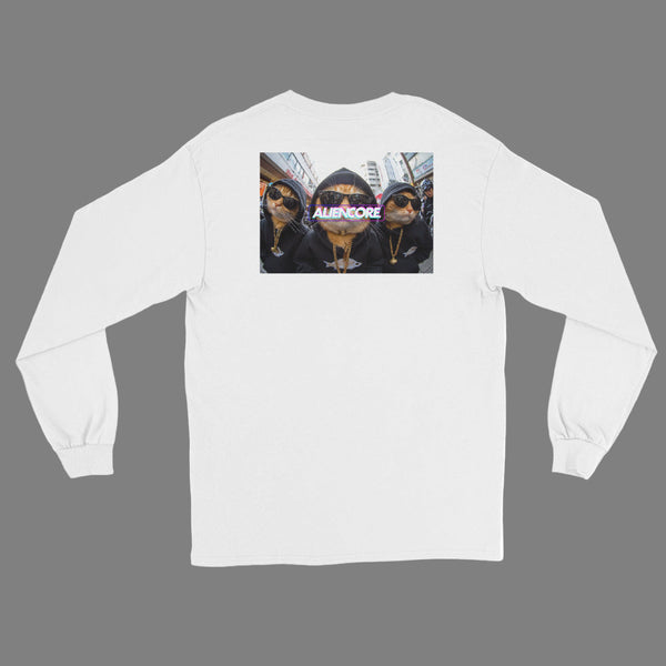 White long-sleeve shirt with a graphic of two people and 'Alife' branding on the back.