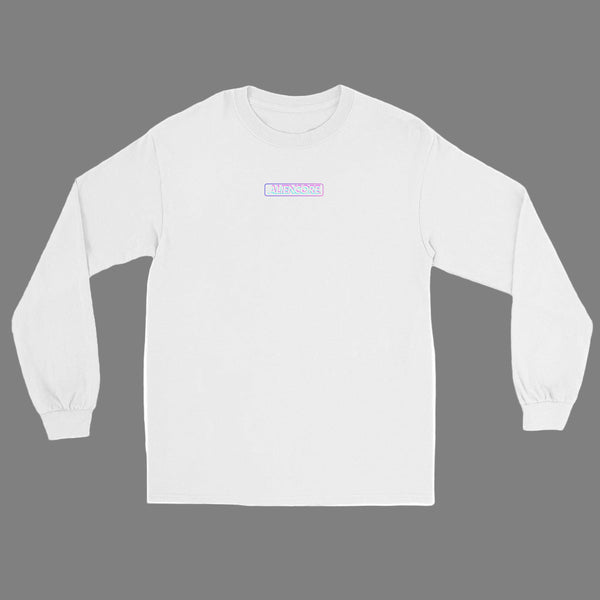 White long-sleeve shirt with a small logo on a white background
