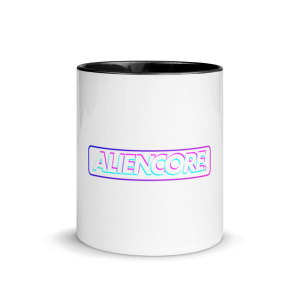 White mug with black interior and rim, featuring a colorful ALIENCORE logo on a white background.