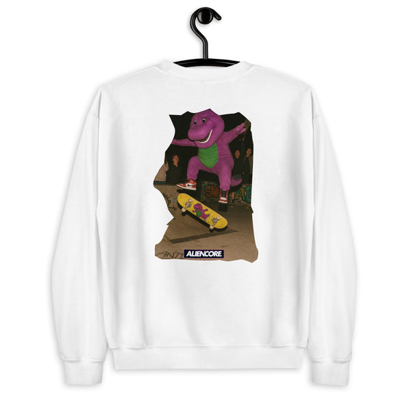 White sweatshirt with a graphic of a purple dinosaur on a skateboard, hanging on a black hanger against a white background.