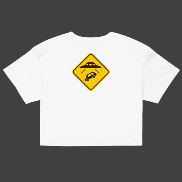 White t-shirt with a yellow and black traffic sign graphic on a white background