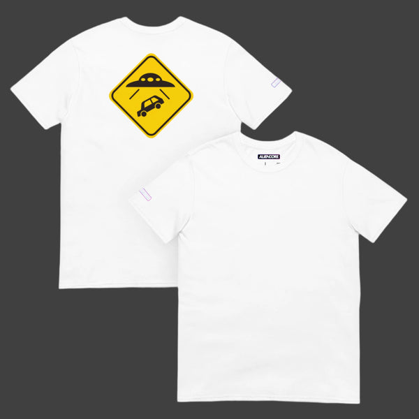 White t-shirt with a yellow and black warning sign graphic on a white background