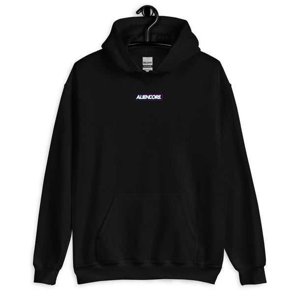 lack hoodie with 'ALIENCORE' logo on a white background