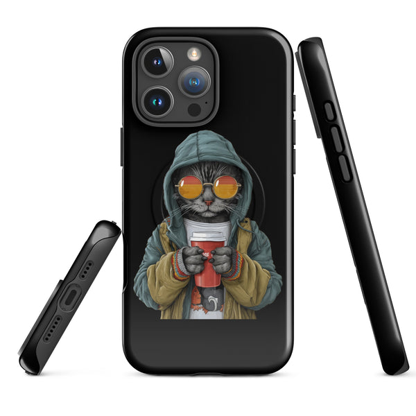 Phone case with a cat in a hoodie holding a coffee cup design on a black background