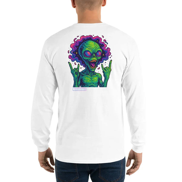 Person wearing a white long-sleeve shirt with a colorful alien design on the back.