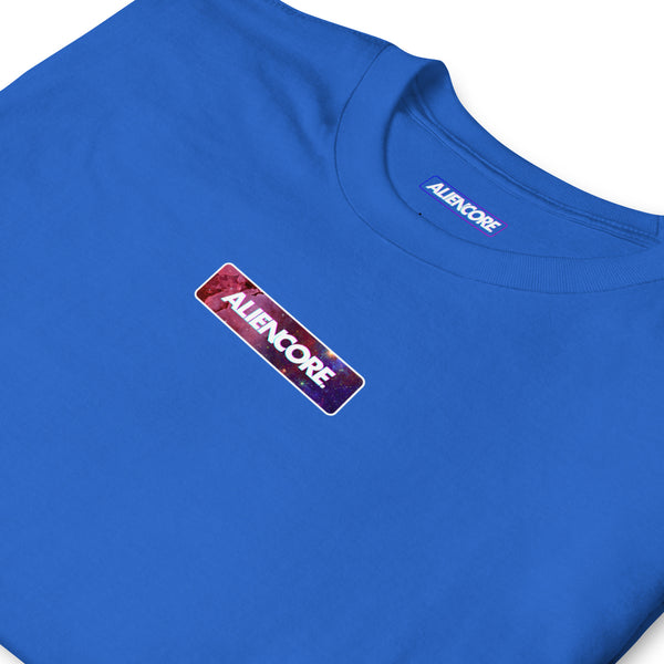 Blue t-shirt with Aliencore logo on a white background