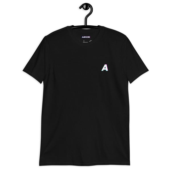 Black t-shirt with a white letter 'A' on a hanger against a white background