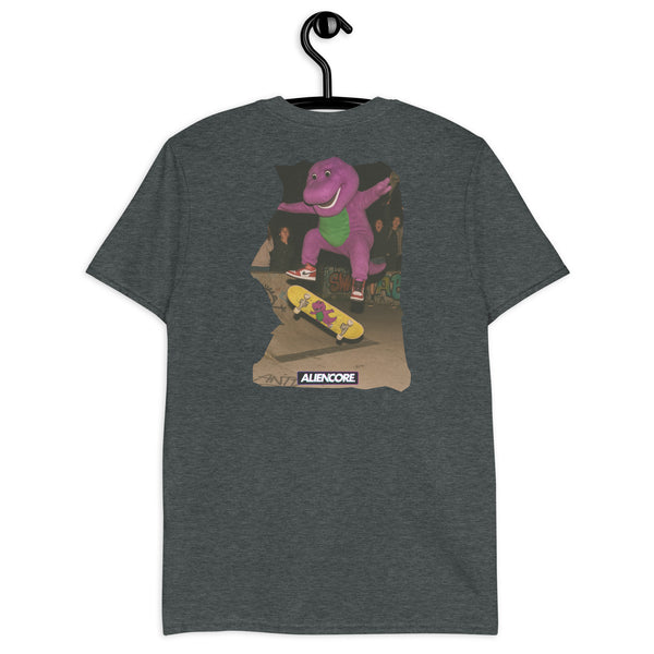 Gray t-shirt with a graphic of a dinosaur on a skateboard, hanging on a black hanger against a white background.