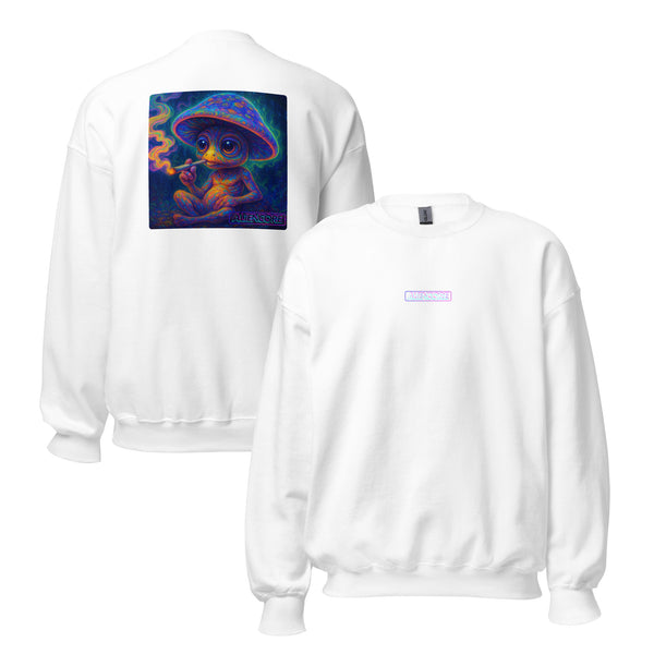 White sweatshirt with a colorful graphic of a baby in a mushroom hat on the front and back.