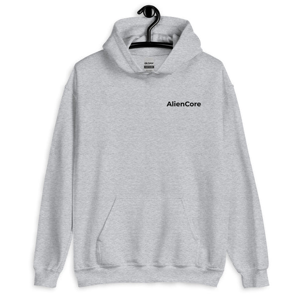 Gray hoodie with 'AlienCore' logo on a white background