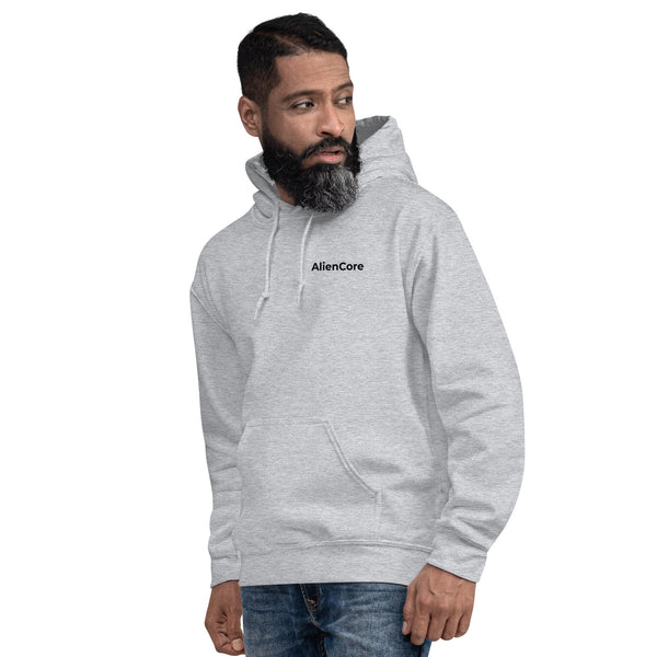 Man wearing a gray hoodie with 'AlienCore' logo on a white background