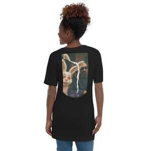 Person wearing a black t-shirt with a graphic design on the back, standing against a white background.