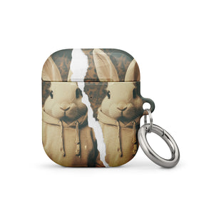 AirPods case with rabbit design and keychain on a white background
