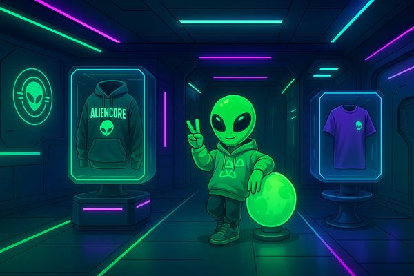 Alien character in a neon-lit store with merchandise.