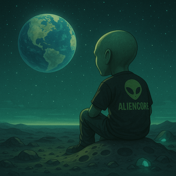 Alien wearing a 'Aliencore' shirt sitting on a planet with Earth in the background.