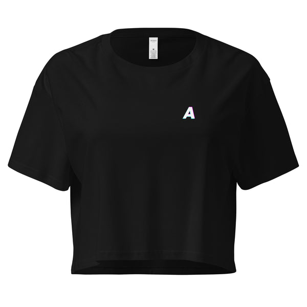 Black crop top with a white logo on a white background