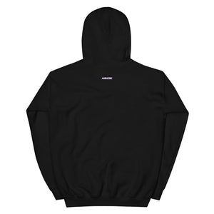 Black hoodie with a brand logo on the back against a white background