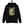 Black hoodie with a cat-themed design on the back, hanging against a white background.