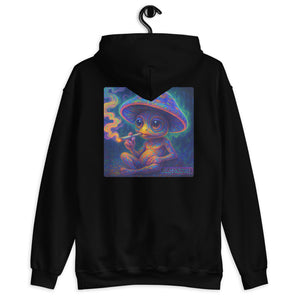 Black hoodie with a colorful graphic of a baby sitting under a mushroom on a white background