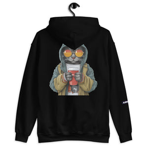 Black hoodie with a graphic of a cat holding a coffee cup on a white background