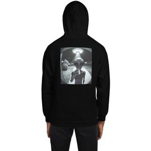 Black hoodie with a graphic of an alien on the back, displayed on a white background