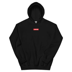 Black hoodie with a red logo on a white background