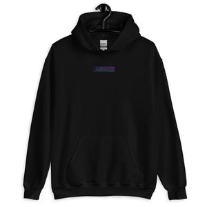 Black hoodie with a small logo on a white background
