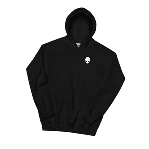 Black hoodie with a small white logo on a light gray background with decorative elements like leaves and chalkboard.