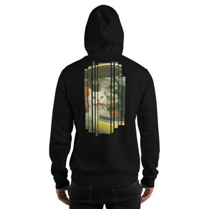 Black hoodie with a unique design on the back against a white background