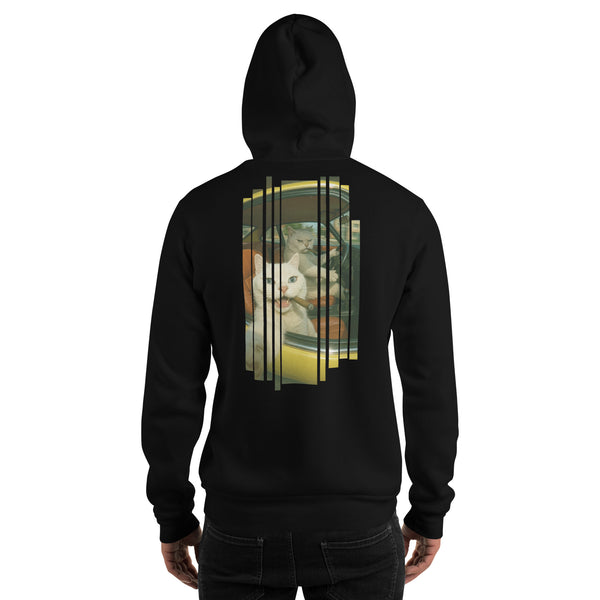 Black hoodie with a unique design on the back against a white background